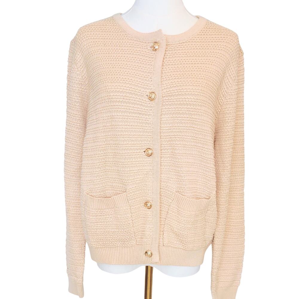 LILLUSORY Textured Cardigan Gold Crest Statement Buttons, Patch Pockets Size L.